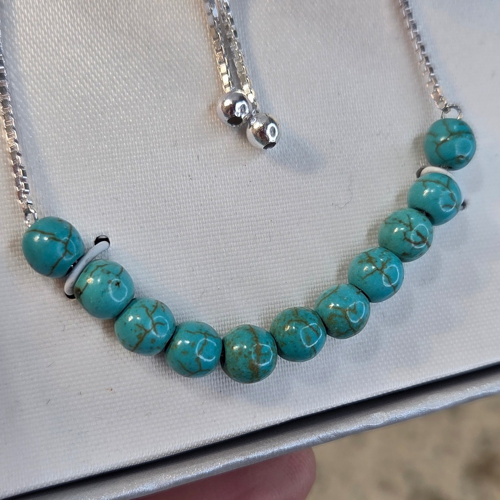 NIB Sterling Silver 925 Turquoise‎ Bead Adjustable Bolo Box Chain Bracelet - Picture 2 of 6